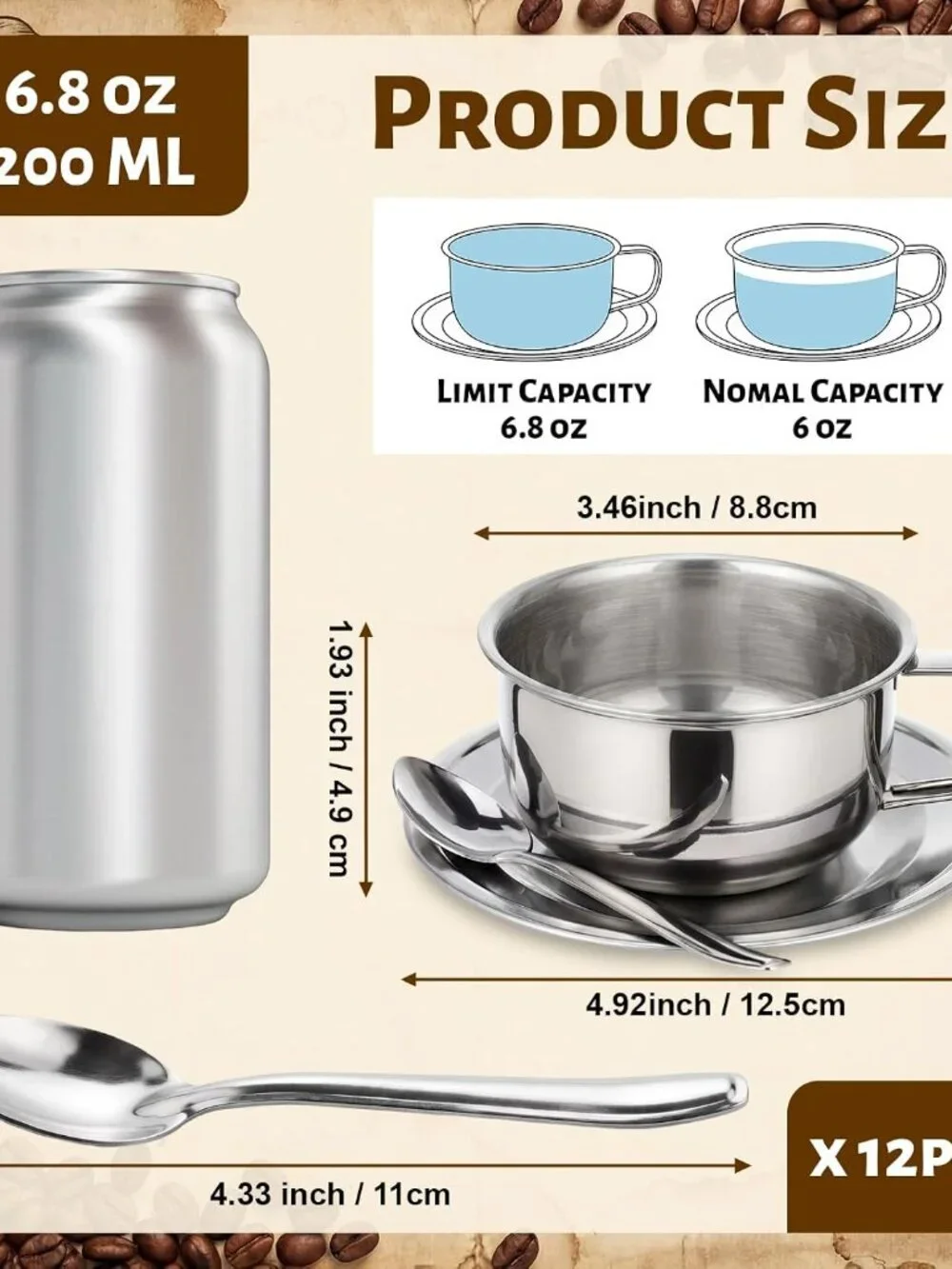 Stainless Steel Espresso Cup & Saucer Set, 12-Pack(1 Pack)